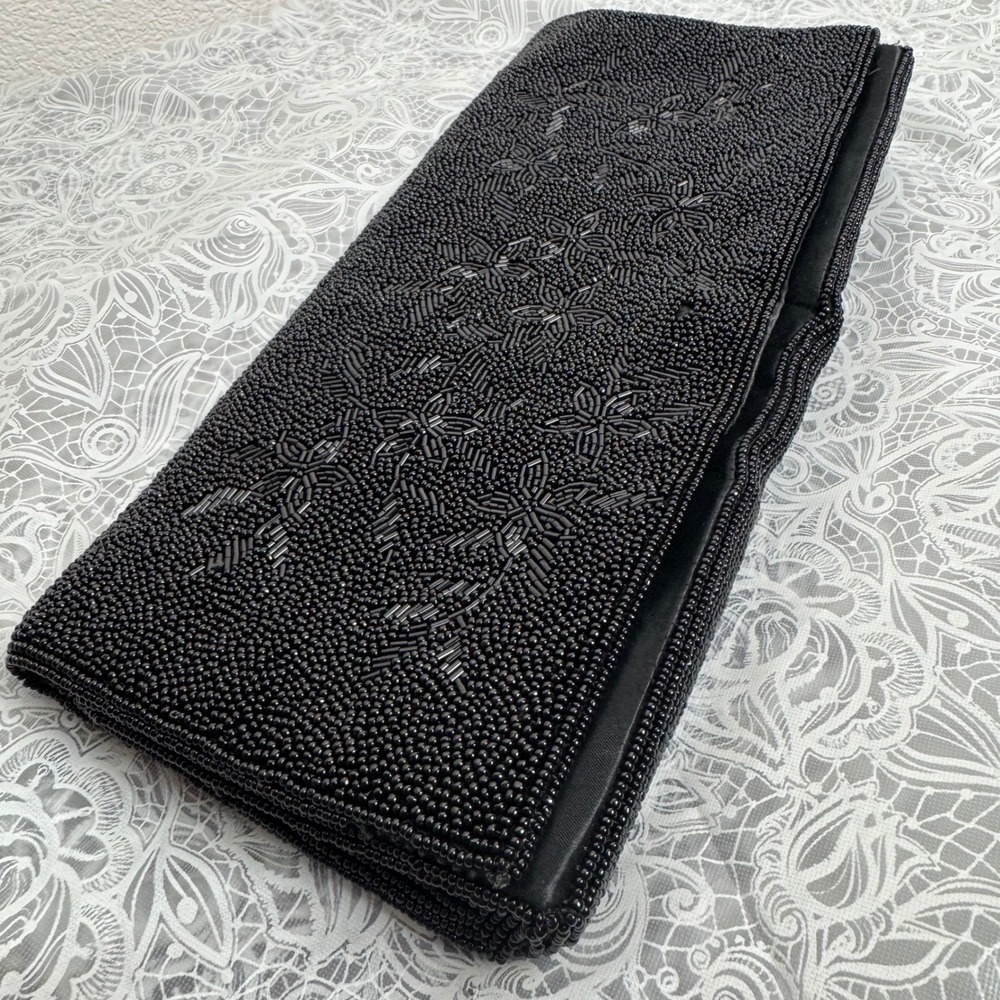 Vintage Beaded Black Floral Evening Clutch Bag Wedding Gala Cocktail Formal Noir